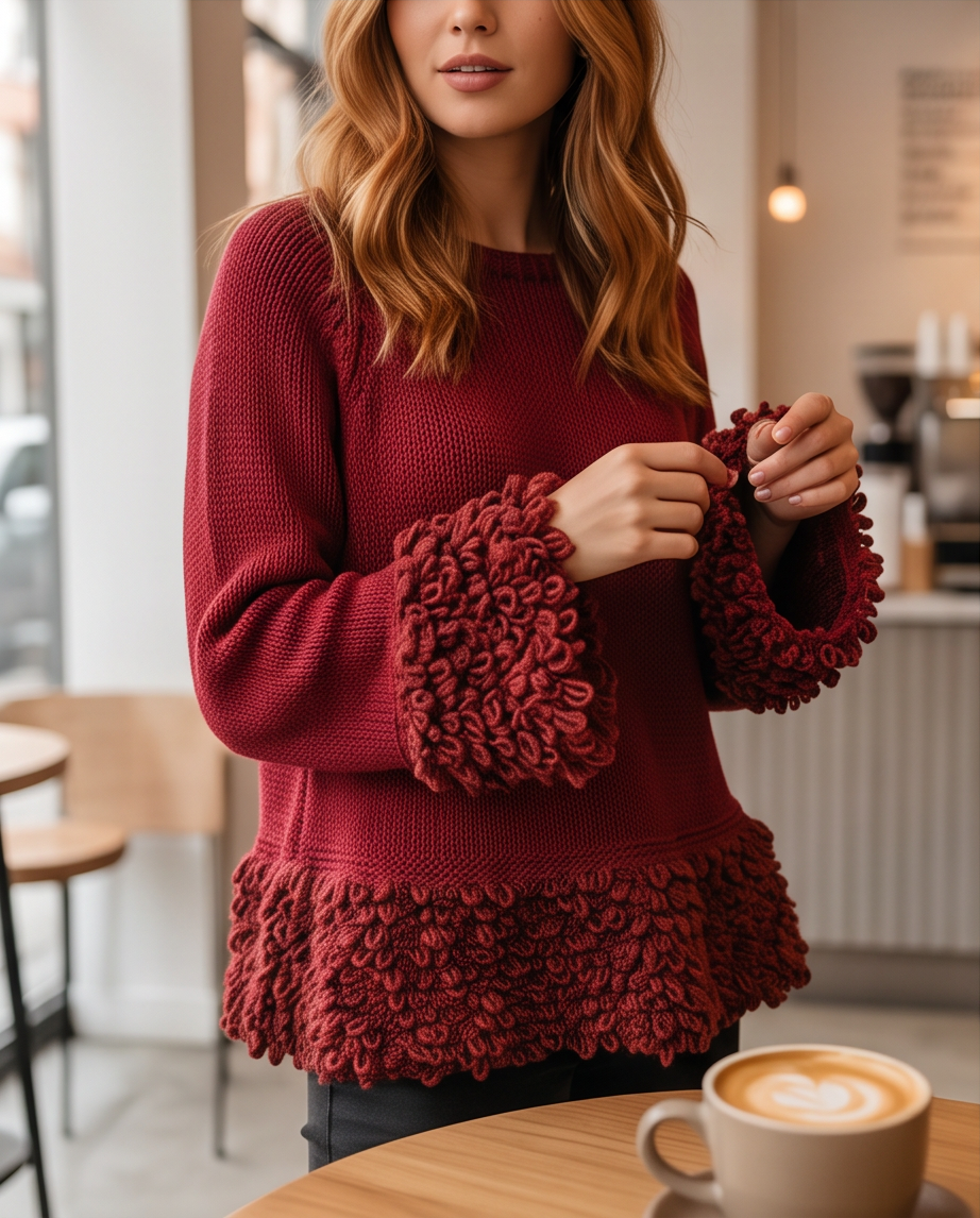 Maglia Susy Mix bordeaux con polsi e fondo lavorati a riccioli