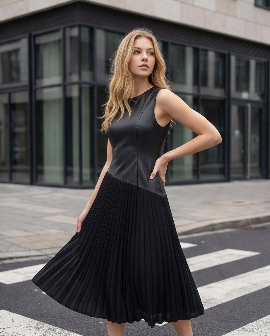 Abito Donna Midi con Dettagli in Ecopelle
