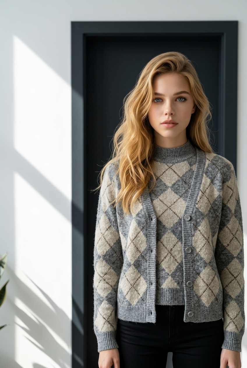 Cardigan Donna Girocollo Fantasia Check