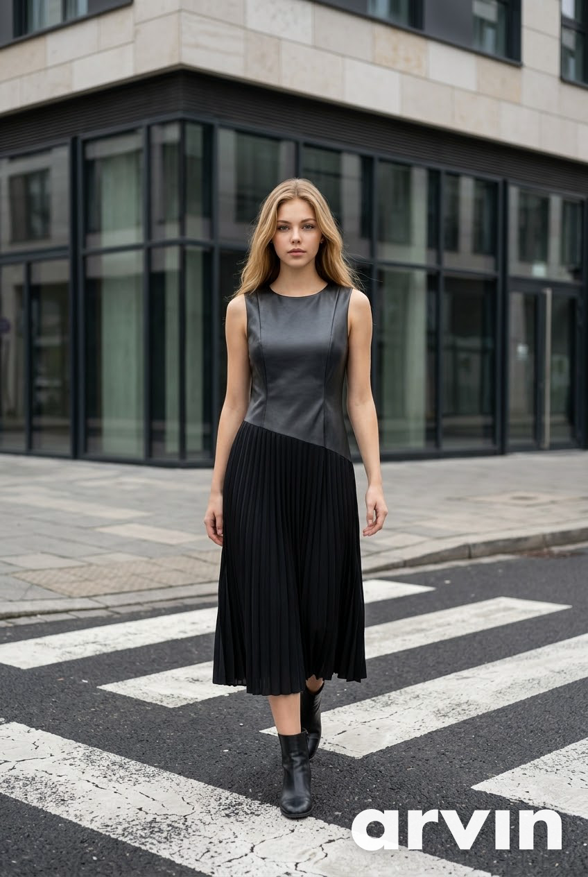 Abito Donna Midi con Dettagli in Ecopelle