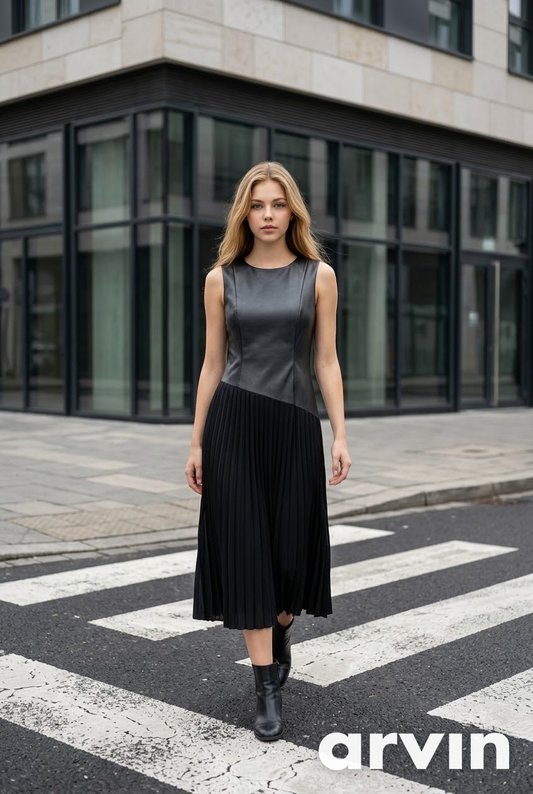 Abito Donna Midi con Dettagli in Ecopelle