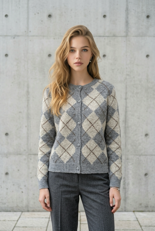 Cardigan Donna Girocollo Fantasia Check