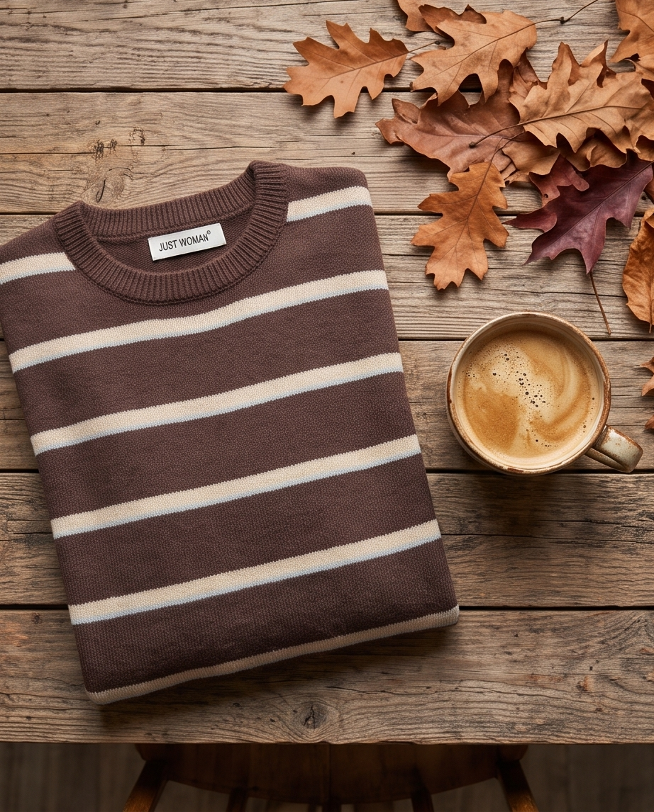 Maglia donna marrone a righe panna