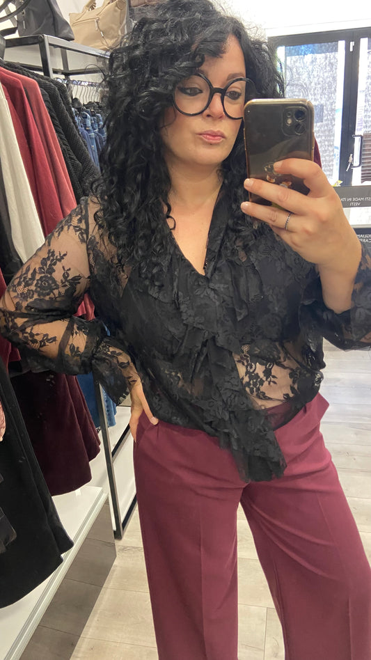 CAMICIA IN PIZZO NERA CON ROUGE