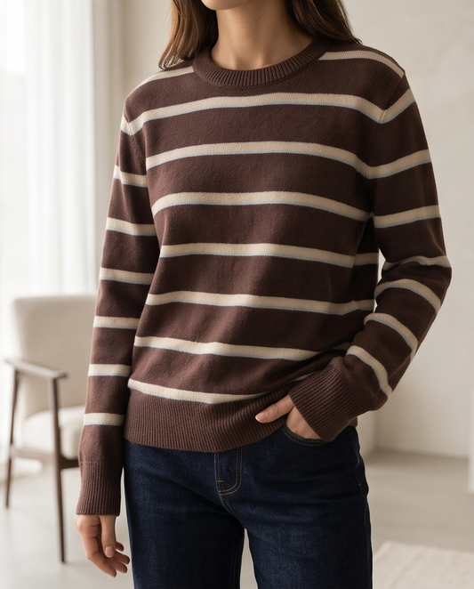 Maglia donna marrone a righe panna